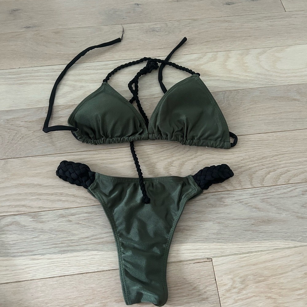 Brazilian Olive Green Bikini with Black Straps